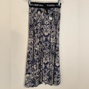 WG Elegant Black & Cream Patterned boho elastic waist wide legs pants One Size